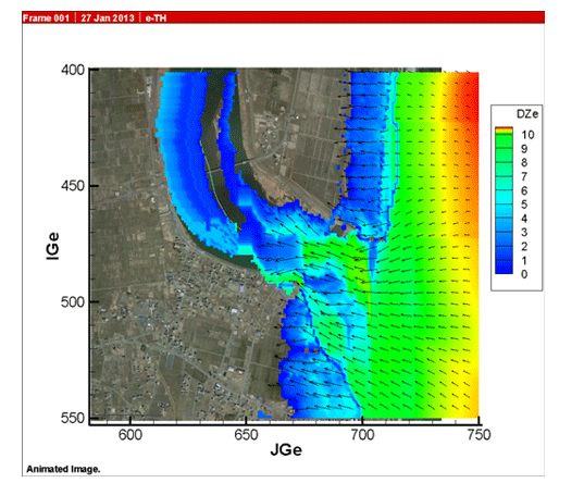阿武隈川を遡上する津波の数値シミュレーション図